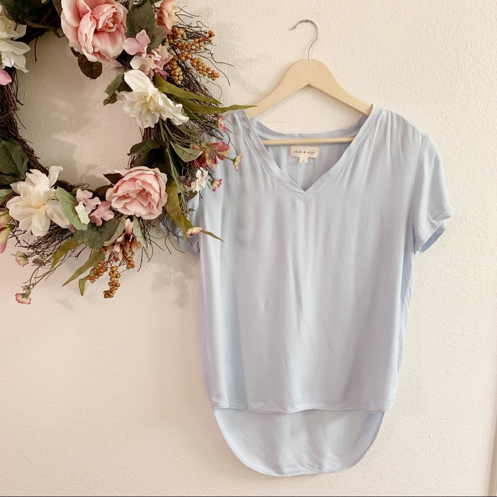 Light Blue V-Neck Women's Top - Relaxed Short Sleeve